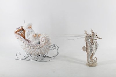 16" White Santa In Shell Sleigh With Seahorses