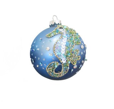 4" Blue Seahorse Beaded Ball Ornament