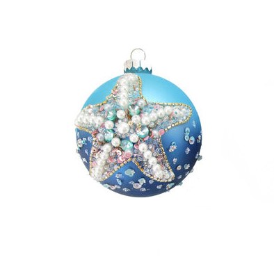 4" Blue Starfish Beaded Ball Ornament