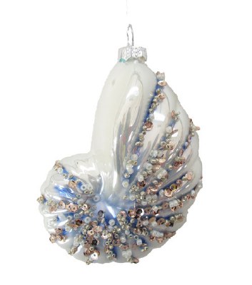 5" White and Blue Beaded Nautilus Glass Ornament