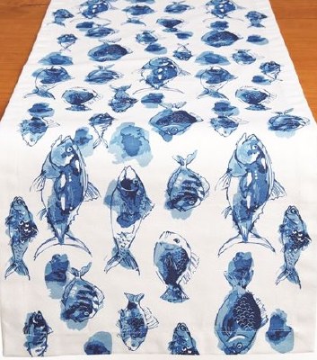 72" Blue Watercolor Fish Fabric Table Runner