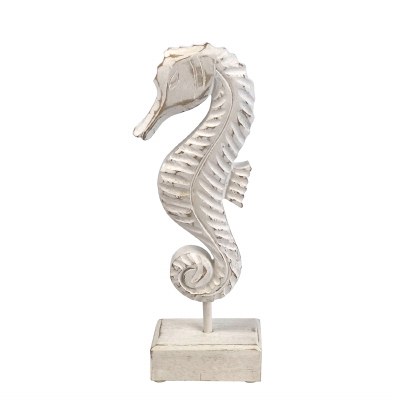 13" Distressed White Finish Wooden Seahorse On Stand