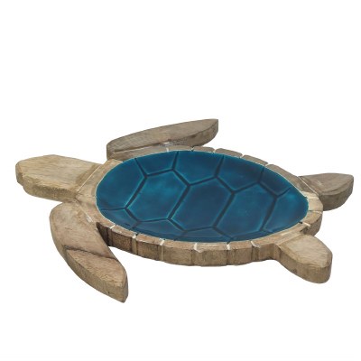 14" Natural and Blue Turtle Wooden Tray
