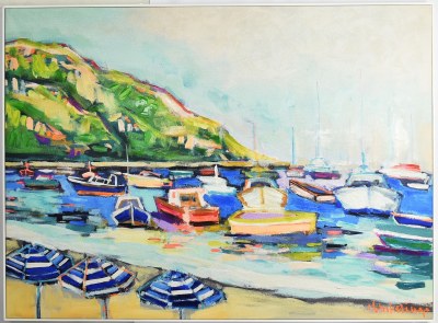 44" x 60" Boats on the Beach With Mountains in the Back Canvas in a White Frame