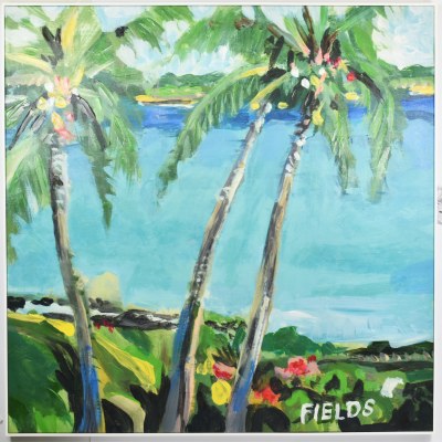 48" Square Three Palm Trees on Bay Canvas in White Frame