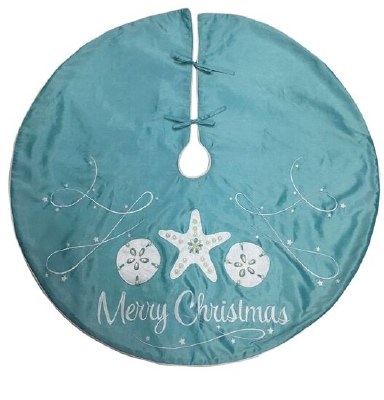 42" Round Light Blue and White Sand Dollars and Starfish Merry Christmas Tree Skirt