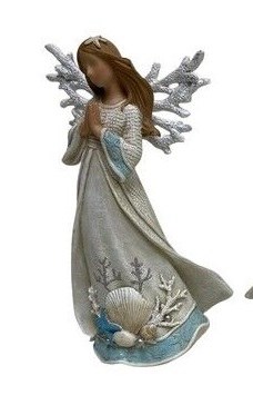 10" White and Blue Polyresin Praying Coastal Angel With Coral Wings