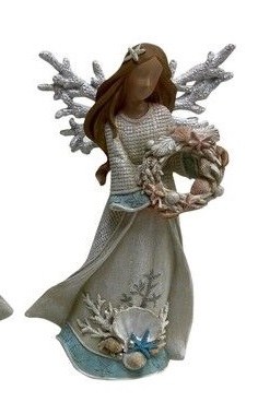 10" White and Blue Polyresin Coastal Angel With Coral Wings Holding a Wreath