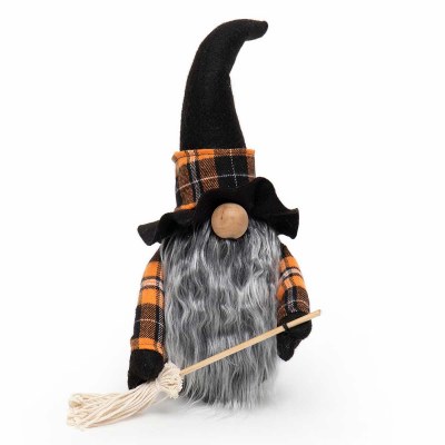 13" HalloweenGnome With Broom and Orange Plaid Witch Hat Decoration