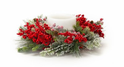 4" Opening Faux Red Berry Iced Pine Candle Ring