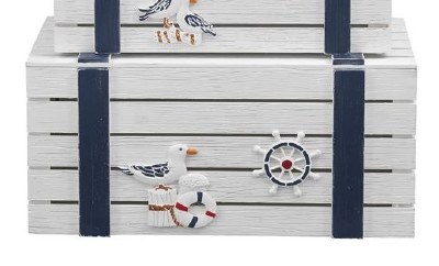 30" White and Blue Slatted Wood Seagull Chest
