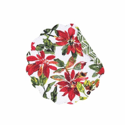 17" Round Red and Green Poinsettia Berries Quilted Fabric Placemat