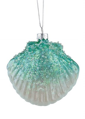 4" Seafoam Glass Glitter Scallop Shell Ornament