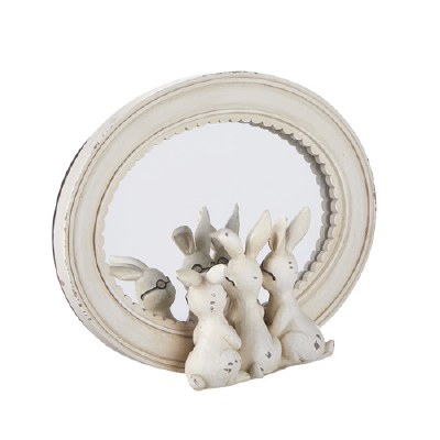 8" Distressed White Mirror With Three Bunnies