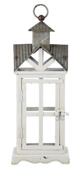 14" Distressed White Square Metal and Glass Lantern