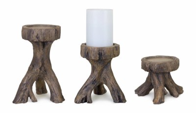 Set of 3 Brown Polyresin Driftwood Pillar Candleholders