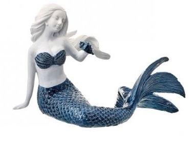 10" Navy and White Polyresin Faux Ceramic Mermaid With Shell Figurine
