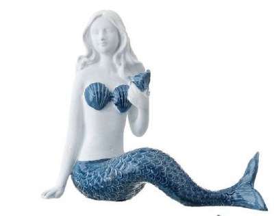 5" Navy and White Polyresin Faux Ceramic Mermaid With Shell