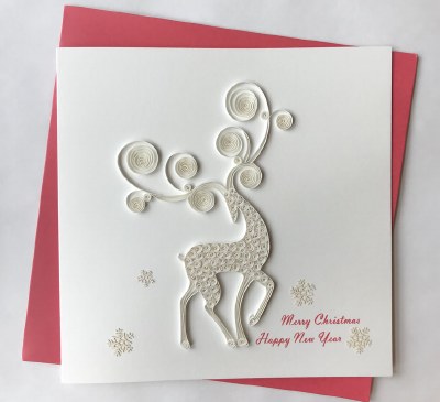 6" Square Quilling White Deer and Snowflakes Holiday Card