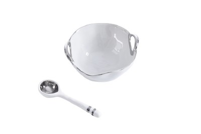 5" Silver and White Ceramic Bowl With Spoon Gift Set by Pampa Bay