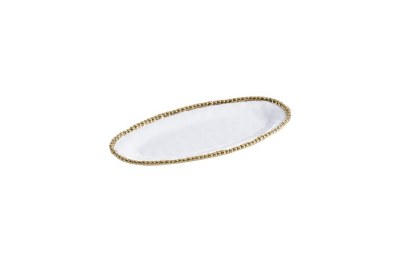 14" White and Gold Oval Beaded Ceramic Dish  by Pampa Bay