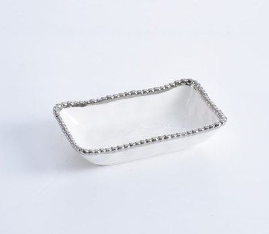 7" White and Silver Rectangle Beaded Rim Dish by Pampa Bay