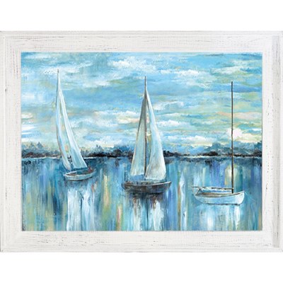37" x 47" Blue Sailboat Trio Framed Gel Textured Coastal Print in a Whitewash Frame
