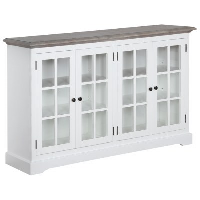 62" Distressed White Credenza With Gray Top and Four Glass Doors