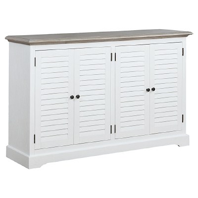 62" Distressed White Plantation Shutter Credenza With Gray Top and Four Doors