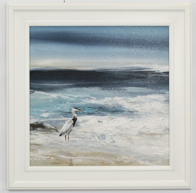 30" SQ Heron on Beach 1 Gel Print With White Frame