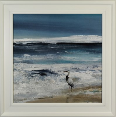 30" SQ Heron on Beach 2 Gel Print With White Frame