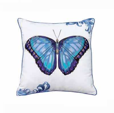 20" Square Bold Blue Butterfly Embroidered Pillow