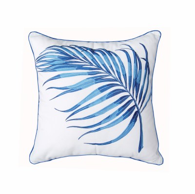 20" Square Blue Palm Frond Embroidered Pillow