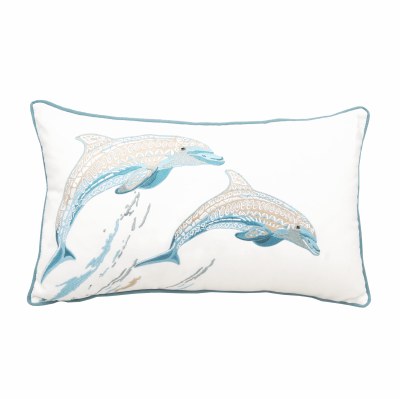 12" x 20" Tan and Blue Tribal Dolphin Lumbar Pillow