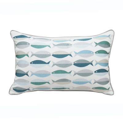 12" x 21" Blue, Green and Tan Embroidered Fish Lumbar Pillow