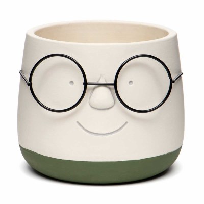 5" Round White and Green Smiley Face With Glasses Concrete Pot