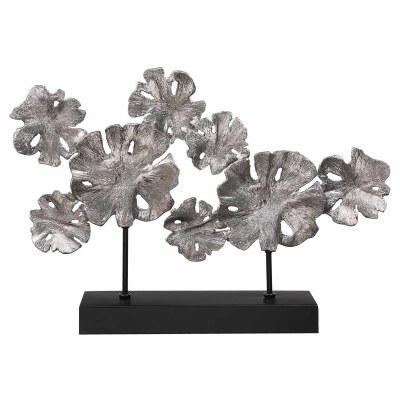 18" x 26" Silver Leaf Lotus Sculpture With Black Stand