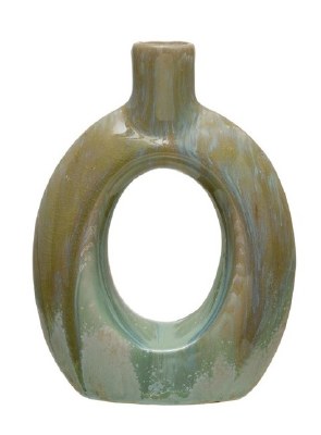 6" Oval Celadon and Opal Glazed Ceramic Cutout Vase