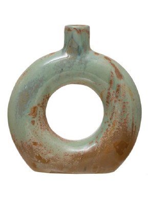 6" Round Celadon and Opal Glazed Ceramic Cutout Vase