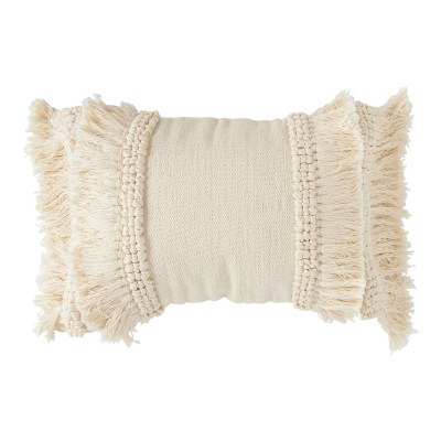 16" x 24" Cream Cotton and Chenille Woven Lumbar Pillow With Fringe