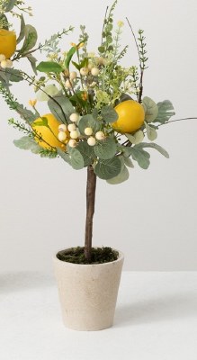 19" Faux Herb and Lemon Topiary in Cream Pot