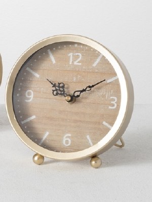 7" Beige Wood and Gold Desk Clock