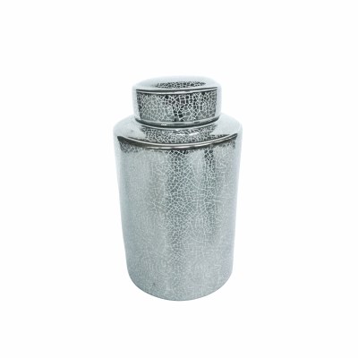 12" Silver Crackle Ceramic Jar With Lid