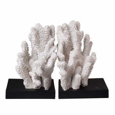 Set of two 7" White Polyresin Coral on Black Base Bookends