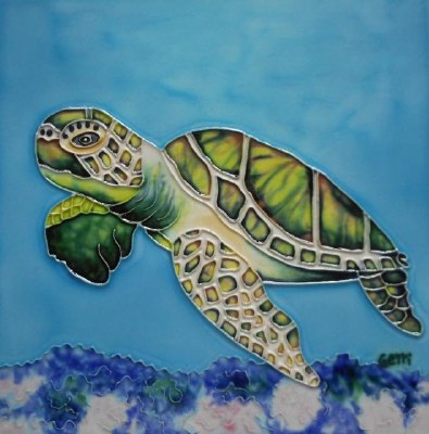 6" Sq Green Sea Turtle on a Blue Background Ceramic Tile