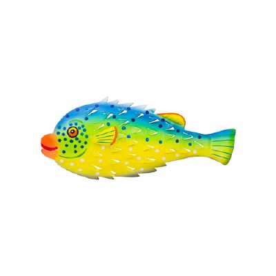14" Blue, Green and Yellow Porcupine Fish Coastal Metal Wall Art Plaque
