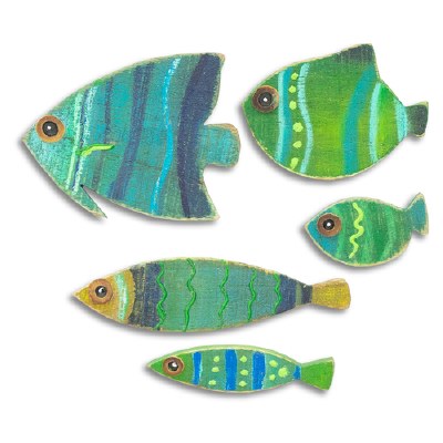 Set of 5 Blue and Green Wooden Fish Plaques