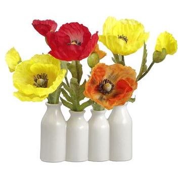 10" Faux Multicolor Poppies in White Ceramic Bottle Vases