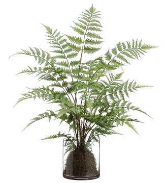 30" Faux Green Forest Fern in Round Glass Vase