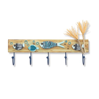 24" Blue Reef Fish Wood Plaque With Five Hooks